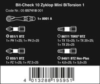 Набор бит торсионных с трещоткой WERA Bit-Check 10 Zyklop Mini BiTorsion 1, 1/4" C6,3, PH-PZ-TX-HEX x 25 мм 057418 — фото 9
