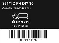 Набор бит WERA 851/1 Z DIY 10 PH 2, 10 шт, 1/4" C6,3, PH 2 x 25 мм 072401 — фото 2