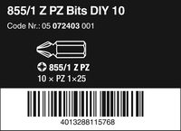 Набор бит WERA 855/1 Z DIY 10 PZ 1, 10 шт, 1/4" C6,3, PZ 1 x 25 мм 072403 — фото 2