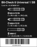 Набор бит торсионных WERA Bit-Check 6 Universal 1 SB, 6 пр., 1/4" E6,3, PH-PZ-SL x 50 мм, в блистере 073635 — фото 5