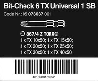 Набор бит WERA Bit-Check 6 TX Universal 1 SB, 6 пр., 1/4" E6,3, TX 10/15/20/25/30/40 x 50 мм, в блистере 073637 — фото 4