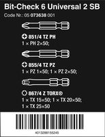 Набор бит торсионных WERA Bit-Check 6 Universal 2 SB, 6 пр., 1/4" E6,3, PH-PZ-TX x 50 мм, в блистере 073638 — фото 5