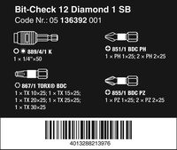 Набор бит торсионных с битодержателем 889/4/1 K Rapidaptor WERA Bit-Check 12 Diamond 1 SB, 1/4" C6,3, PH-PZ-TX x 25 мм 136392 — фото 6