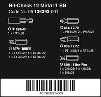 Набор бит с битодержателем 899/4/1 WERA Bit-Check 12 Metal 1 SB, 1/4" C6,3, PH-PZ-TX-HEX x 25 мм, в блистере 136393 — фото 4